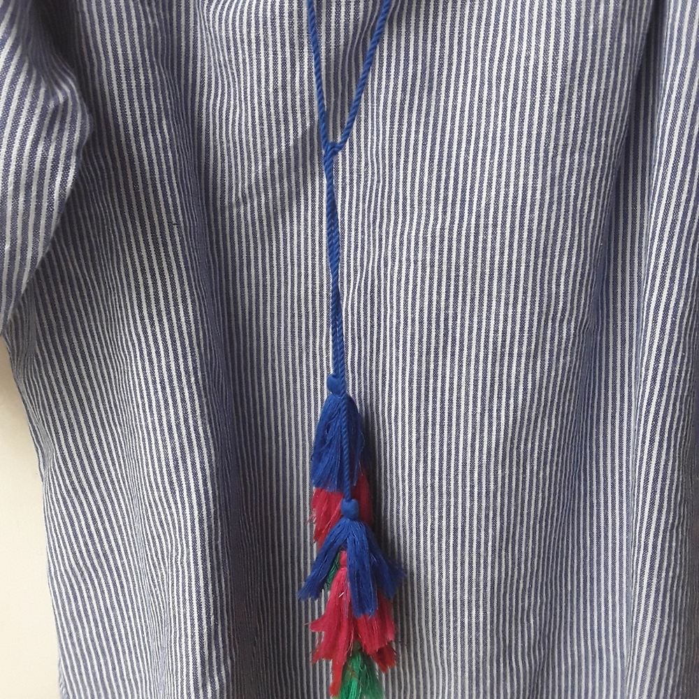 Blue White Striped Rainbow Boho Embroiderd Top M - Picture 4 of 7